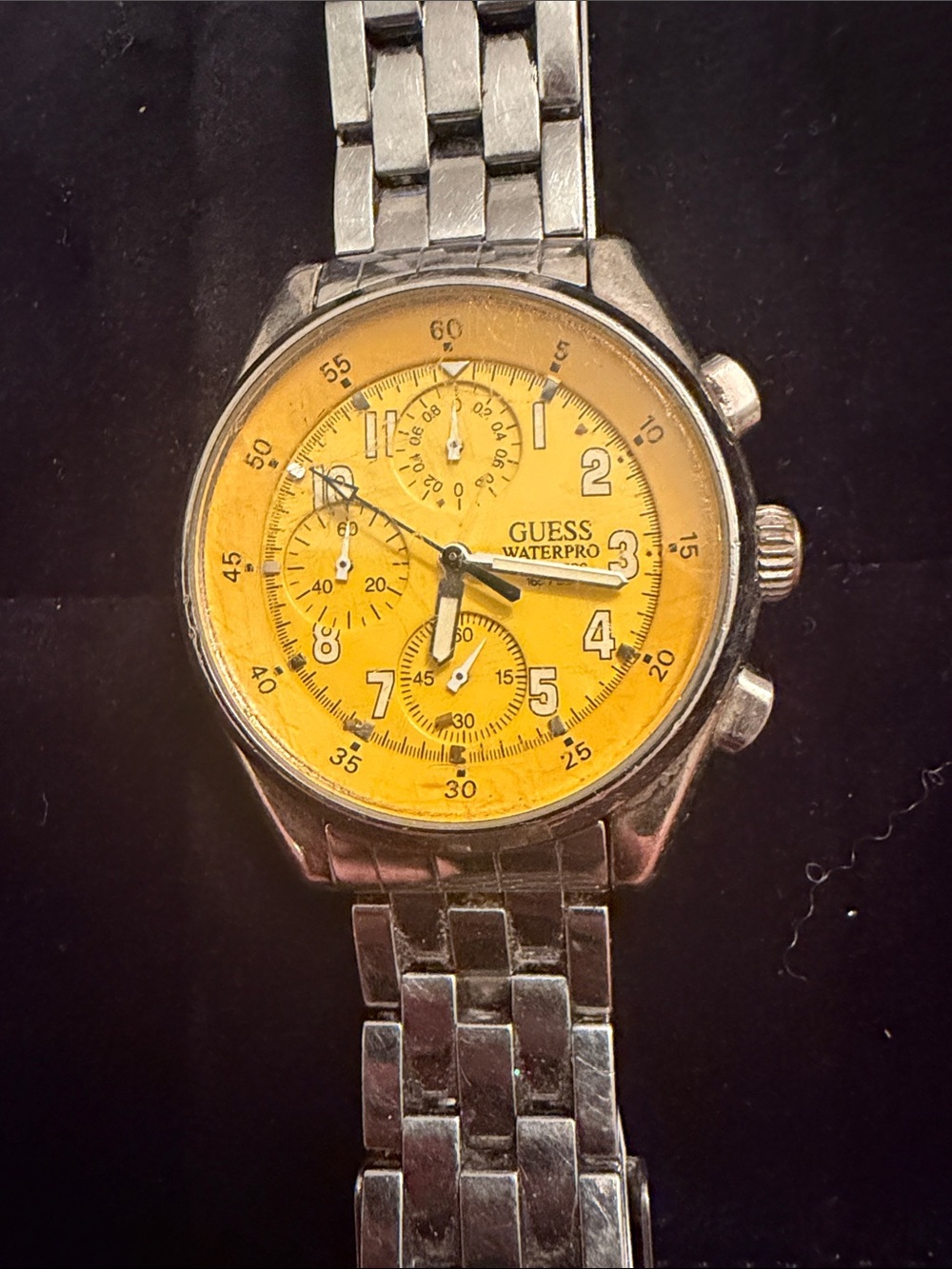 Guess Silver Stainless Steel Watch with Yellow Dial